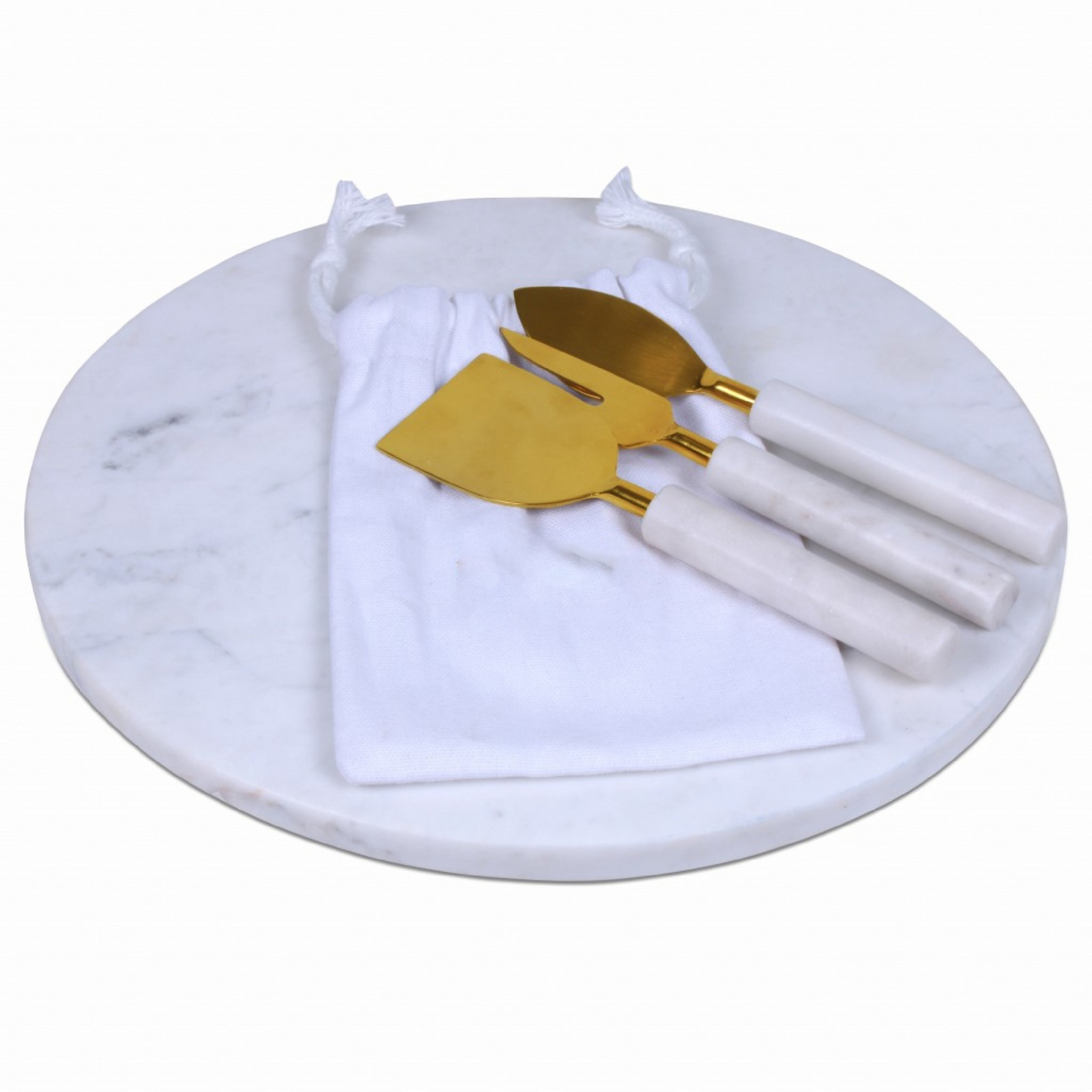 12" Round White Marble Cheese Board and Knife Set