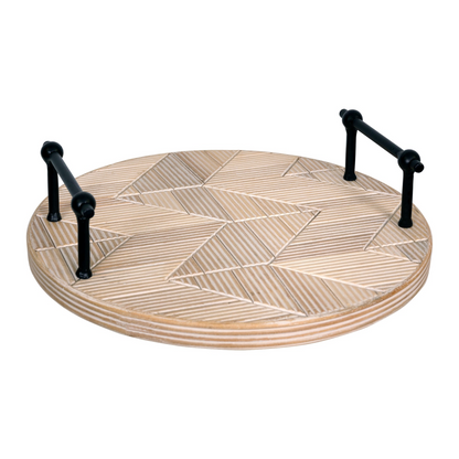 Modern Rustic Carved Chevron Round Tray with Handles