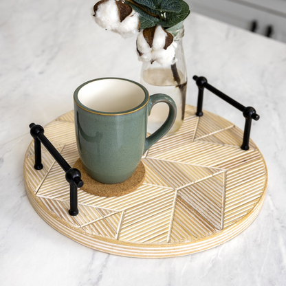 Modern Rustic Carved Chevron Round Tray with Handles