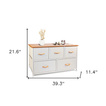 39" White and Natural White Fabric Chest With Two Shelves And Five Drawers