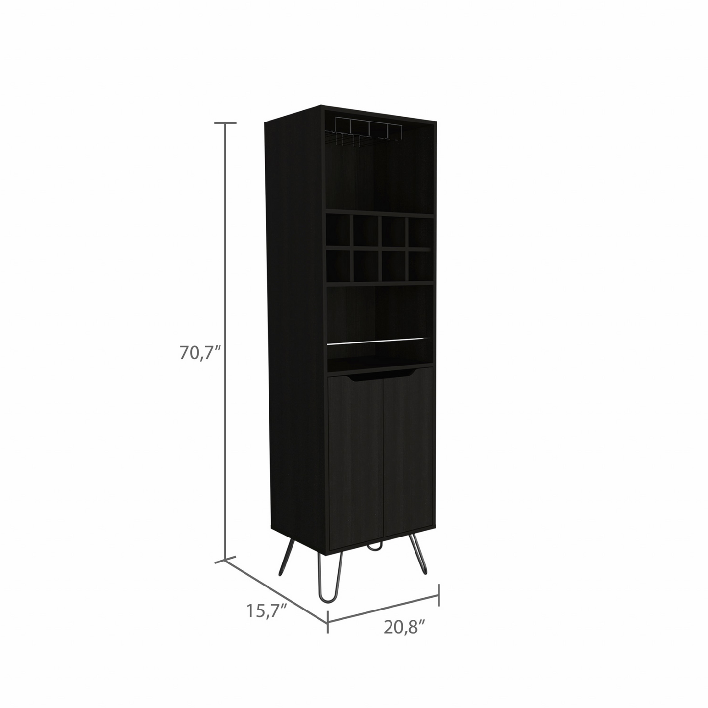 Black Tall Bar Cabinet with Two Door Panels and Top Wine Glass Rack