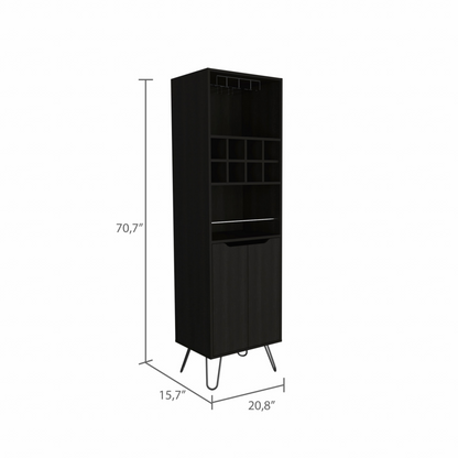 Black Tall Bar Cabinet with Two Door Panels and Top Wine Glass Rack