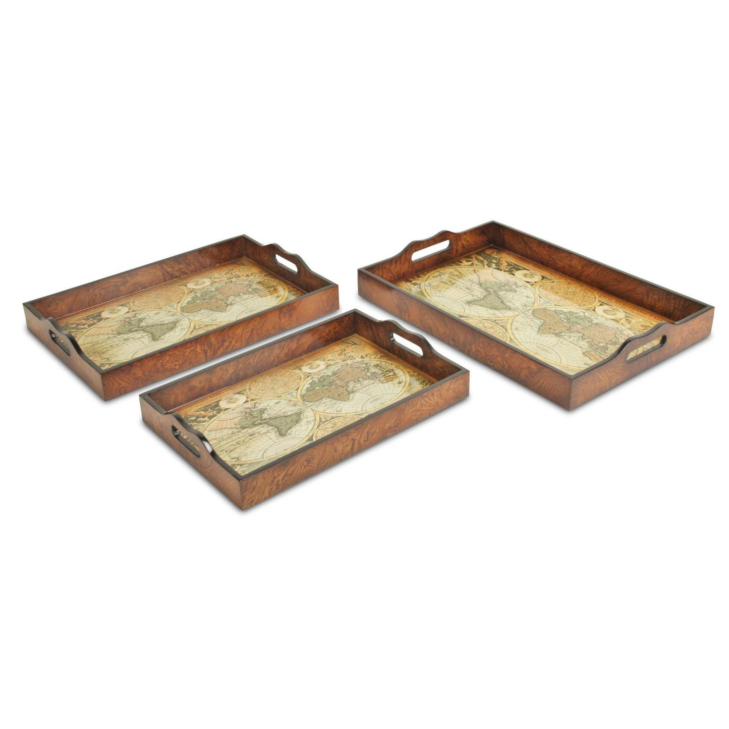 Set Of Three 19" Brown Burl Wood Vintage Map Design Handmade Trays With Handles