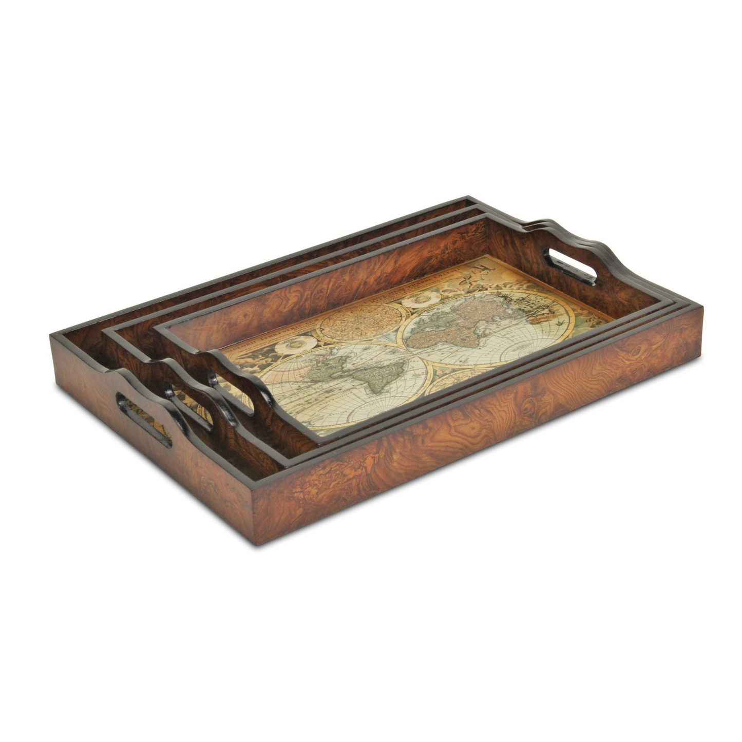 Set Of Three 19" Brown Burl Wood Vintage Map Design Handmade Trays With Handles