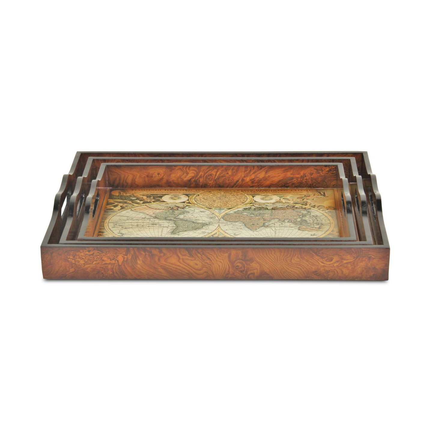 Set Of Three 19" Brown Burl Wood Vintage Map Design Handmade Trays With Handles