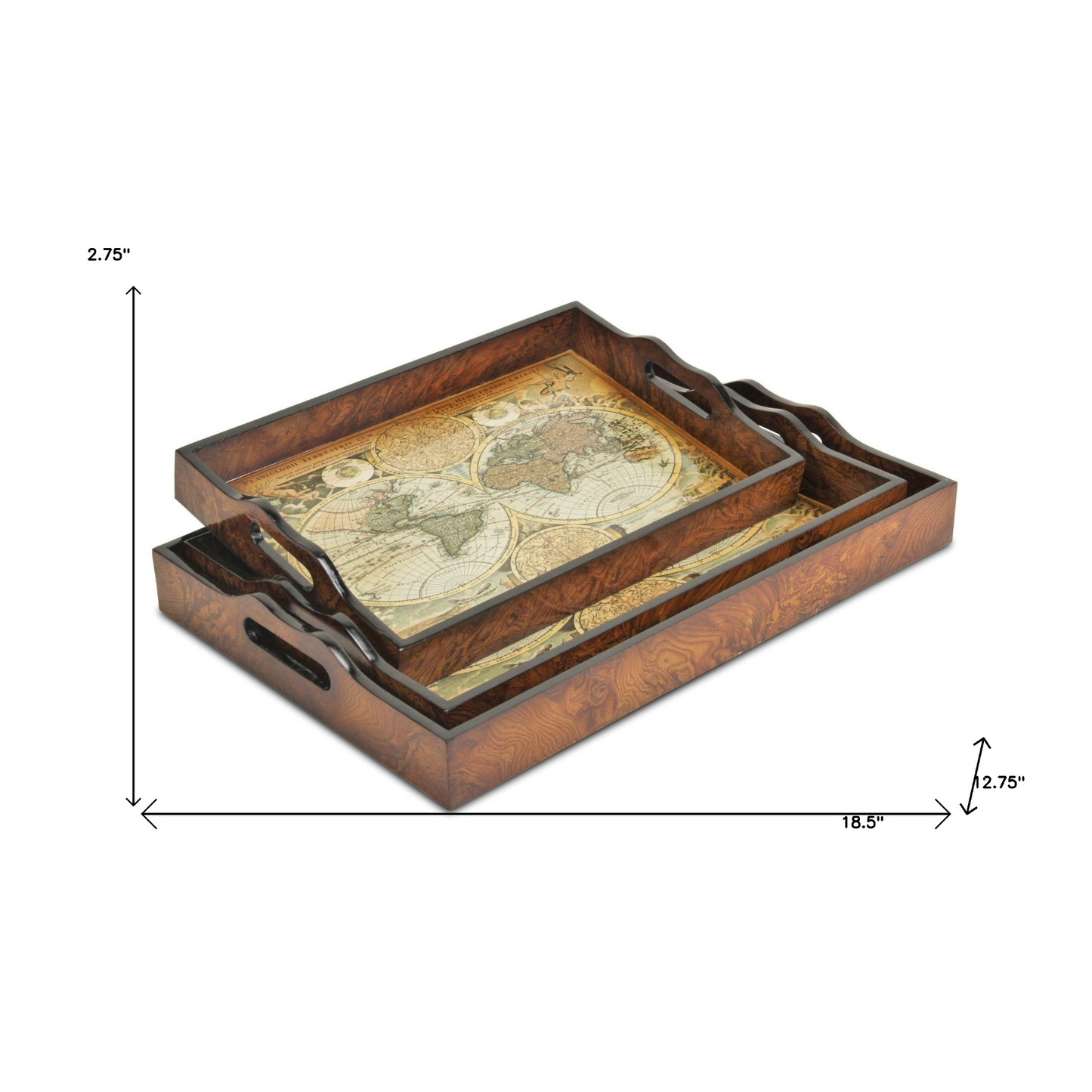 Set Of Three 19" Brown Burl Wood Vintage Map Design Handmade Trays With Handles