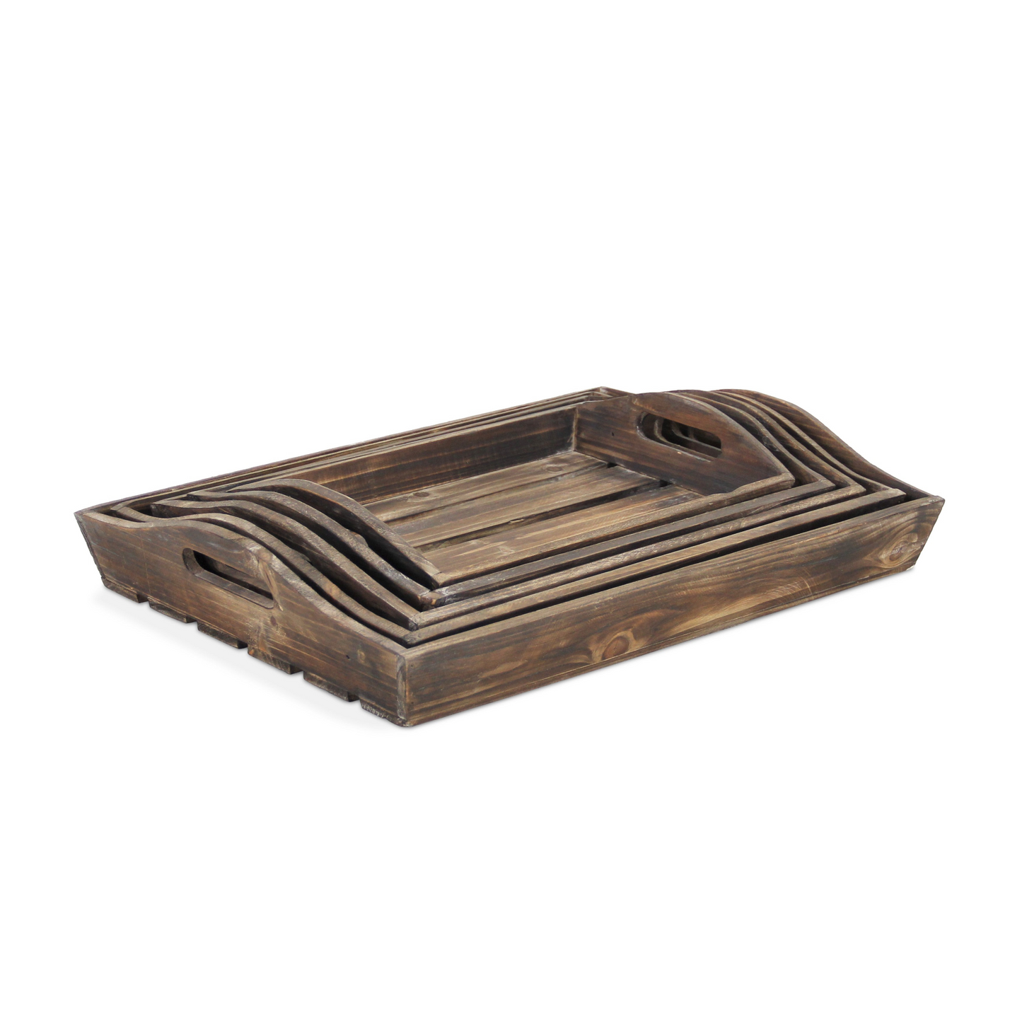 Set Of 5 Rustic Natural Brown Wood Handmade Trays With Handles