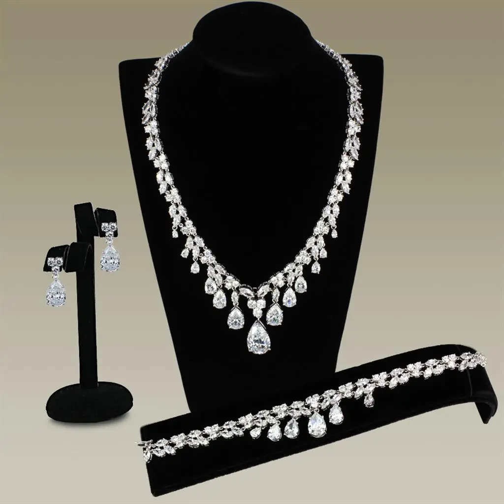 3W925 - Rhodium Brass Jewelry Sets with AAA Grade CZ  in Clear