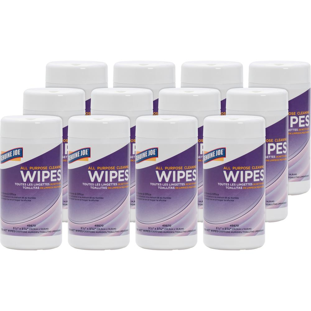 Genuine Joe All Purpose Cleaning Wipes - Wipe - 5.13" Width x 5.88" Length - 100 / Canister - 12 / Carton - Multi