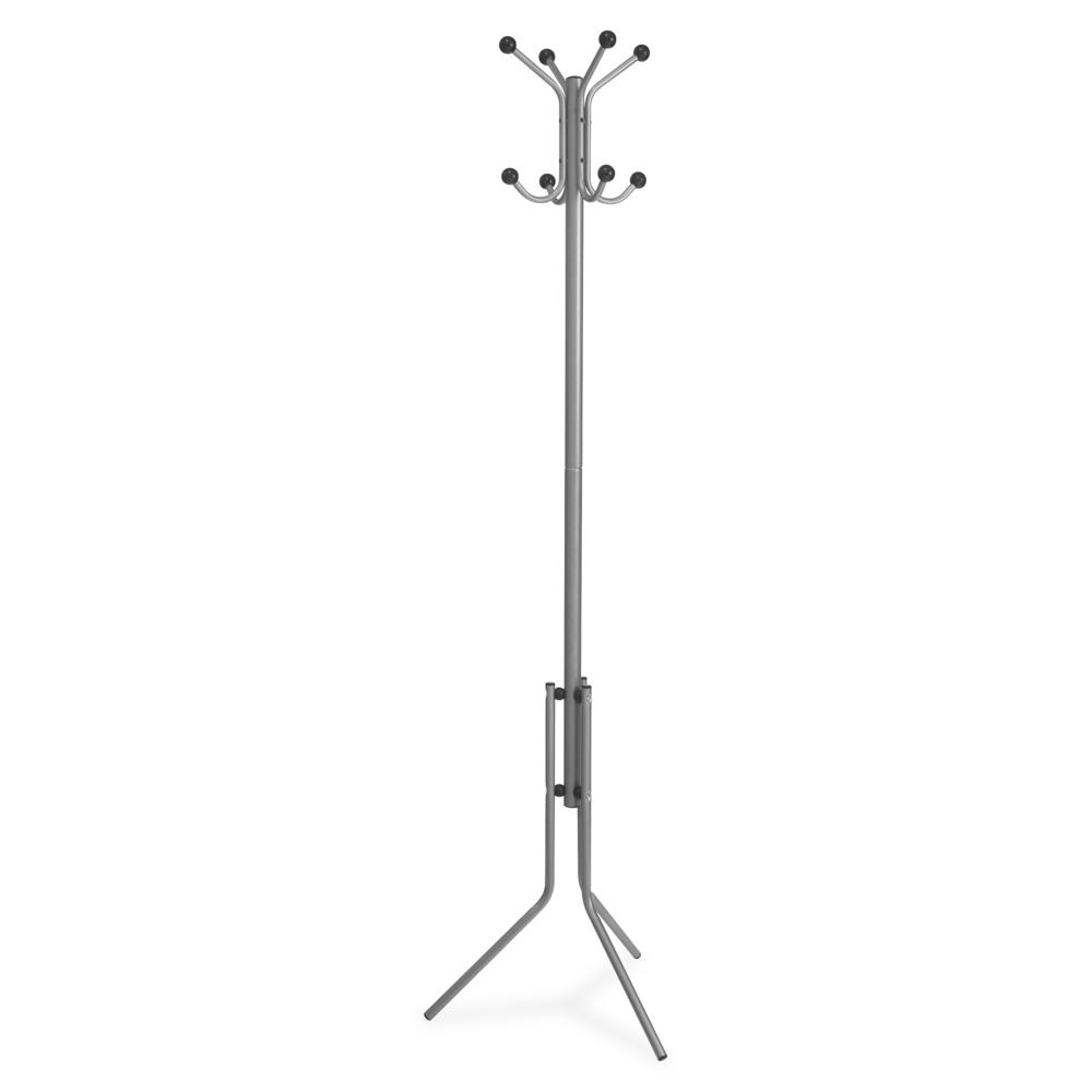 Lorell Tripod Base Coat Rack - 4 Hooks - 4 Pegs - for Coat, Jacket, Hat, Scarf - Metal - Silver - 1 Each