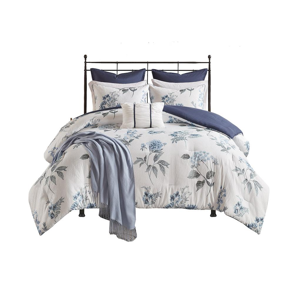 100% Polyester 7 Piece Printed Seersucker Comforter Set with Throw Blanket,MP10-6303