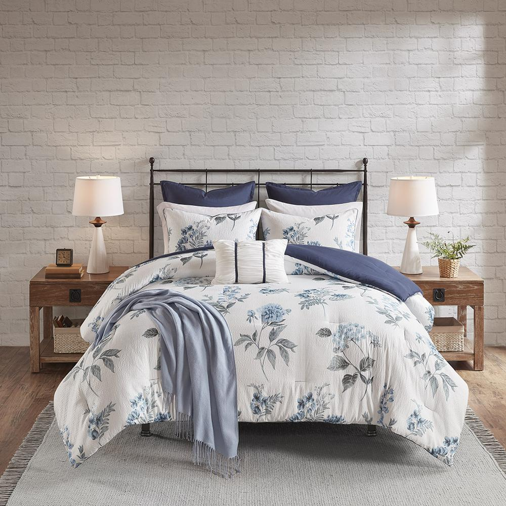 100% Polyester 7 Piece Printed Seersucker Comforter Set with Throw Blanket,MP10-6303