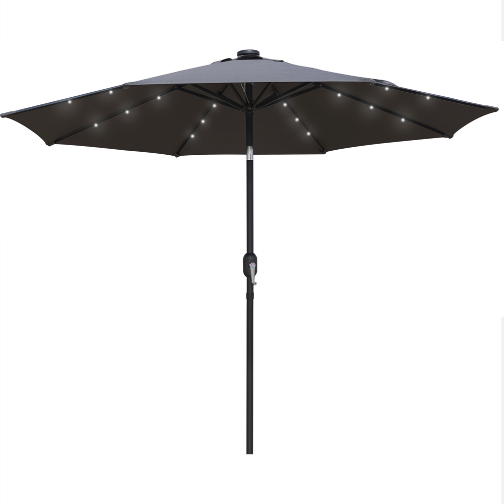 LeisureMod Sierra Modern 9 ft Steel Market Patio Umbrella With Solar Powered LED & Tilt - Gray