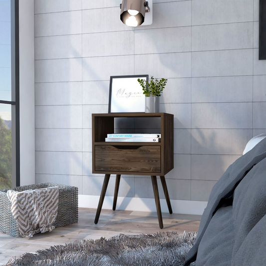 Nightstand  Fugaz, Open Shelf, Single Drawer, Dark Walnut Finish