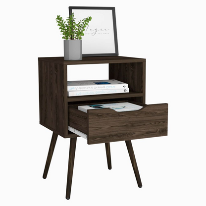 Nightstand  Fugaz, Open Shelf, Single Drawer, Dark Walnut Finish