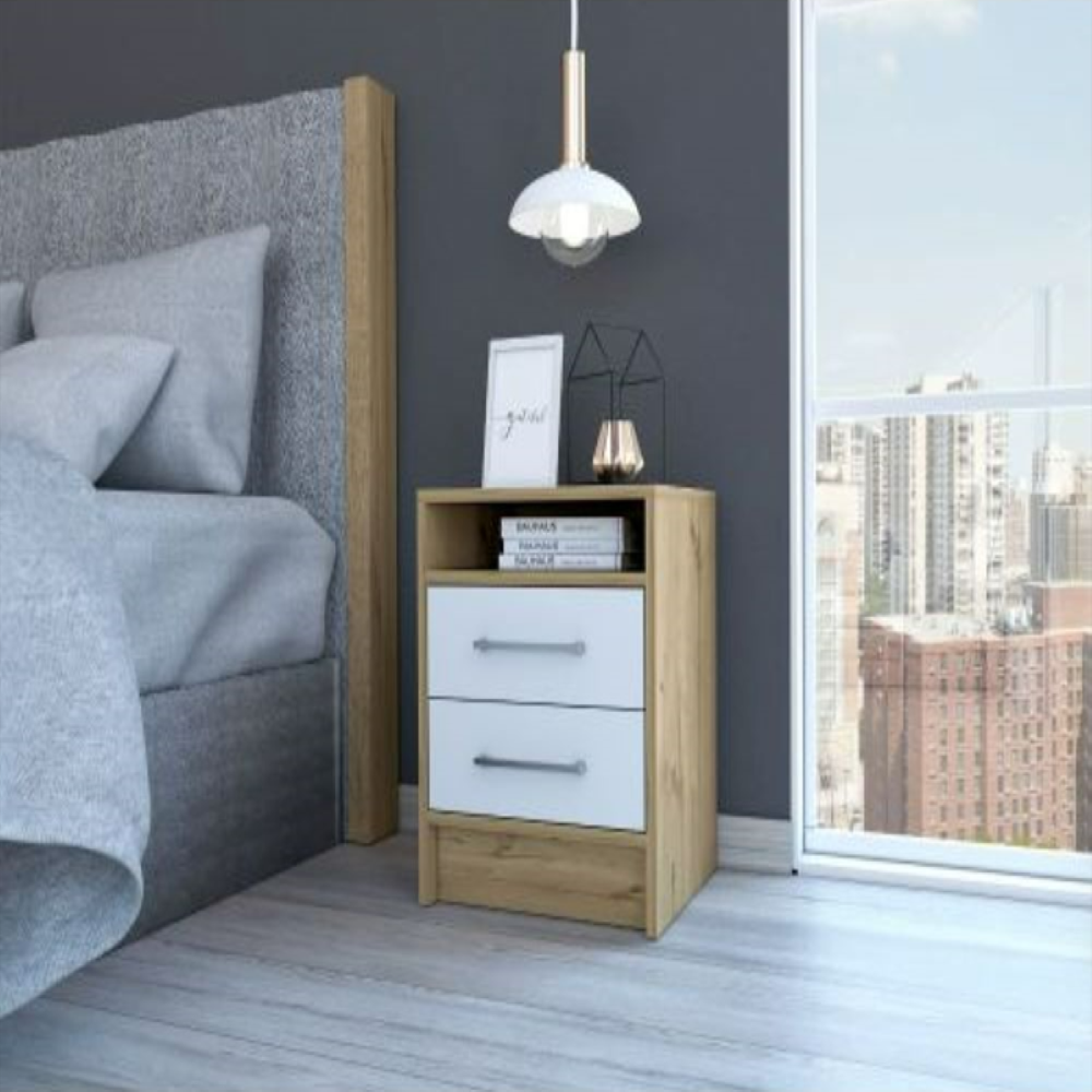 Nightstand Cartiz, Two Drawers, White / Light Oak Finish