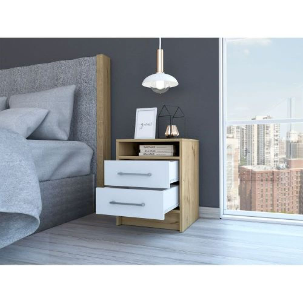 Nightstand Cartiz, Two Drawers, White / Light Oak Finish