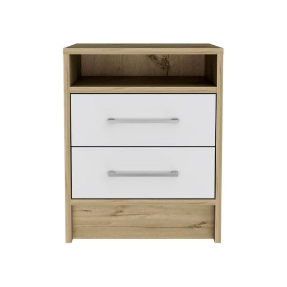 Nightstand Cartiz, Two Drawers, White / Light Oak Finish