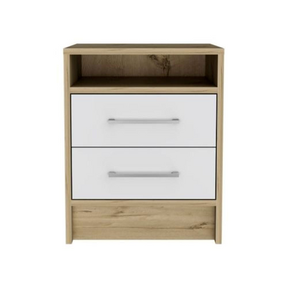 Nightstand Cartiz, Two Drawers, White / Light Oak Finish