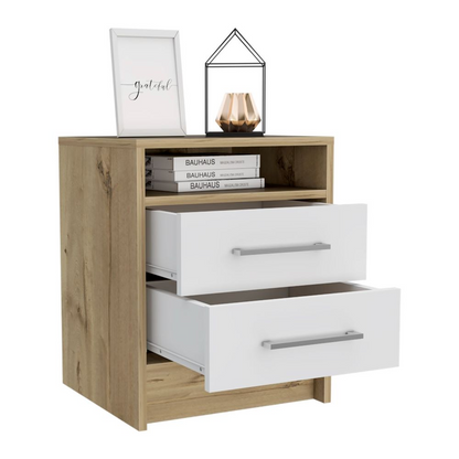 Nightstand Cartiz, Two Drawers, White / Light Oak Finish