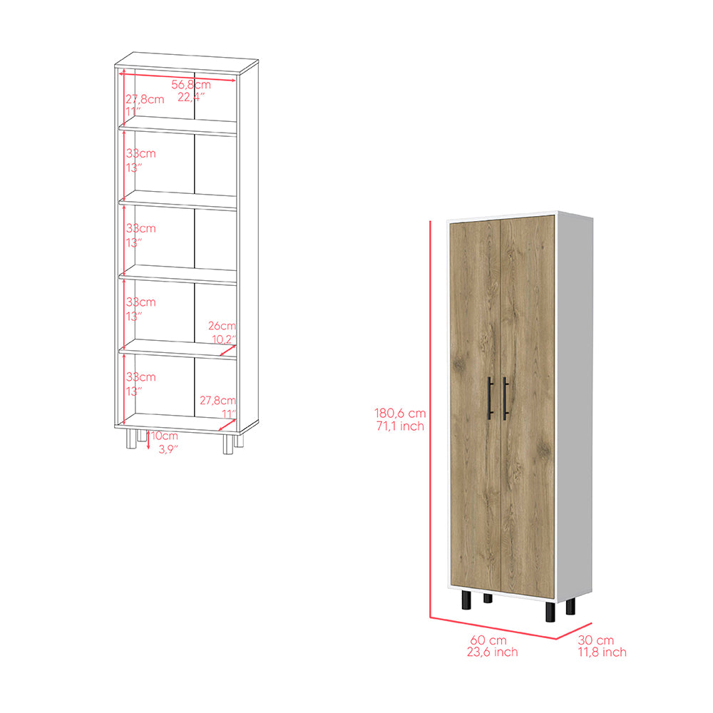 Reston 2 Piece Kitchen Set, Kitchen Island + Pantry Cabinet, White / Light Oak Finish