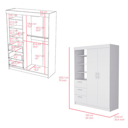 Armoire Rumanu, Three Drawers, White Finish