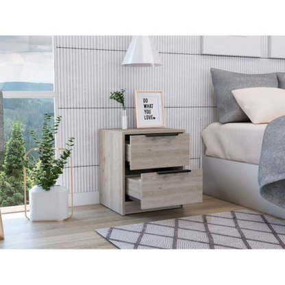 Nightstand Cervants, Two Drawers, Metal Handle, Light Gray Finish