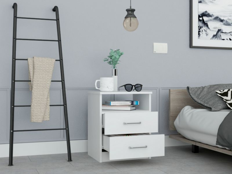 Nightstand Olienza, Two Drawers, One Shelf, White Finish