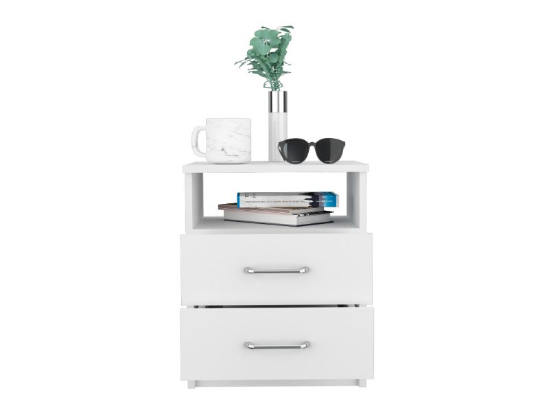 Nightstand Olienza, Two Drawers, One Shelf, White Finish