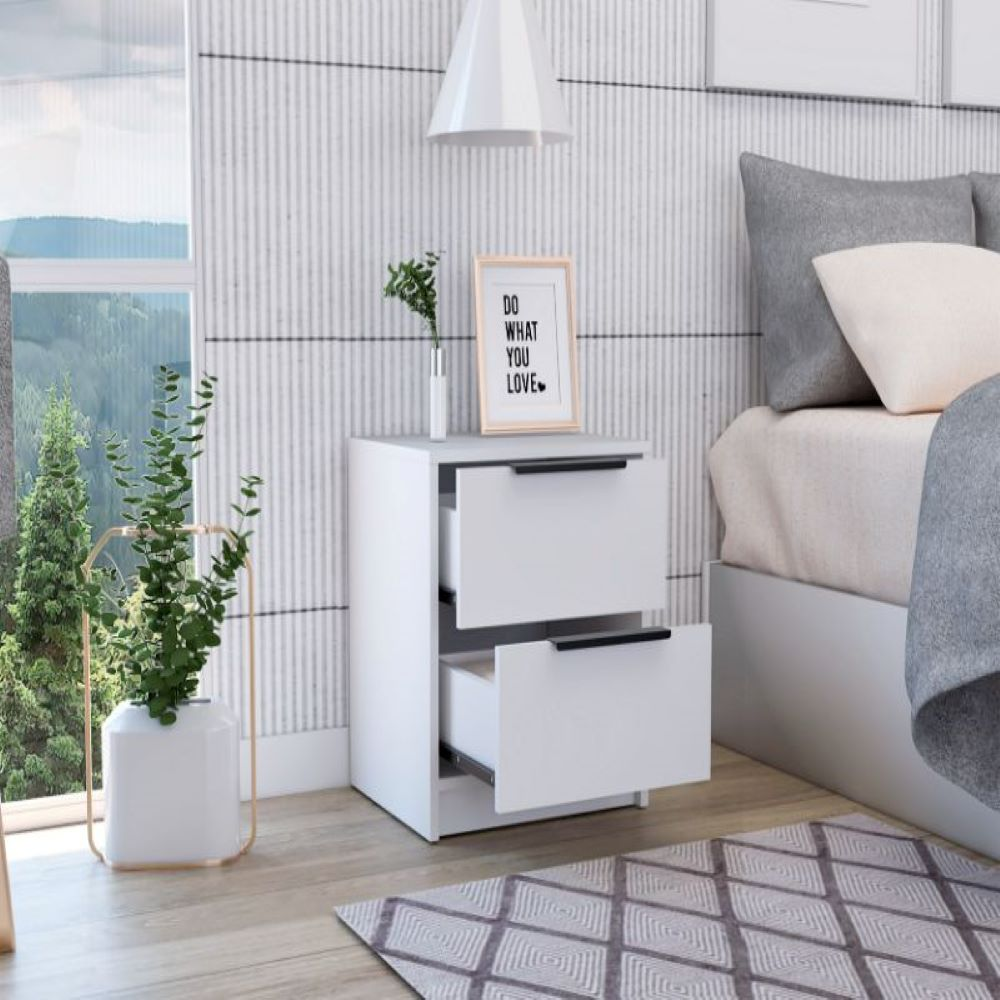 Nightstand Cervants, Two Drawers, Metal Handle, White Finish