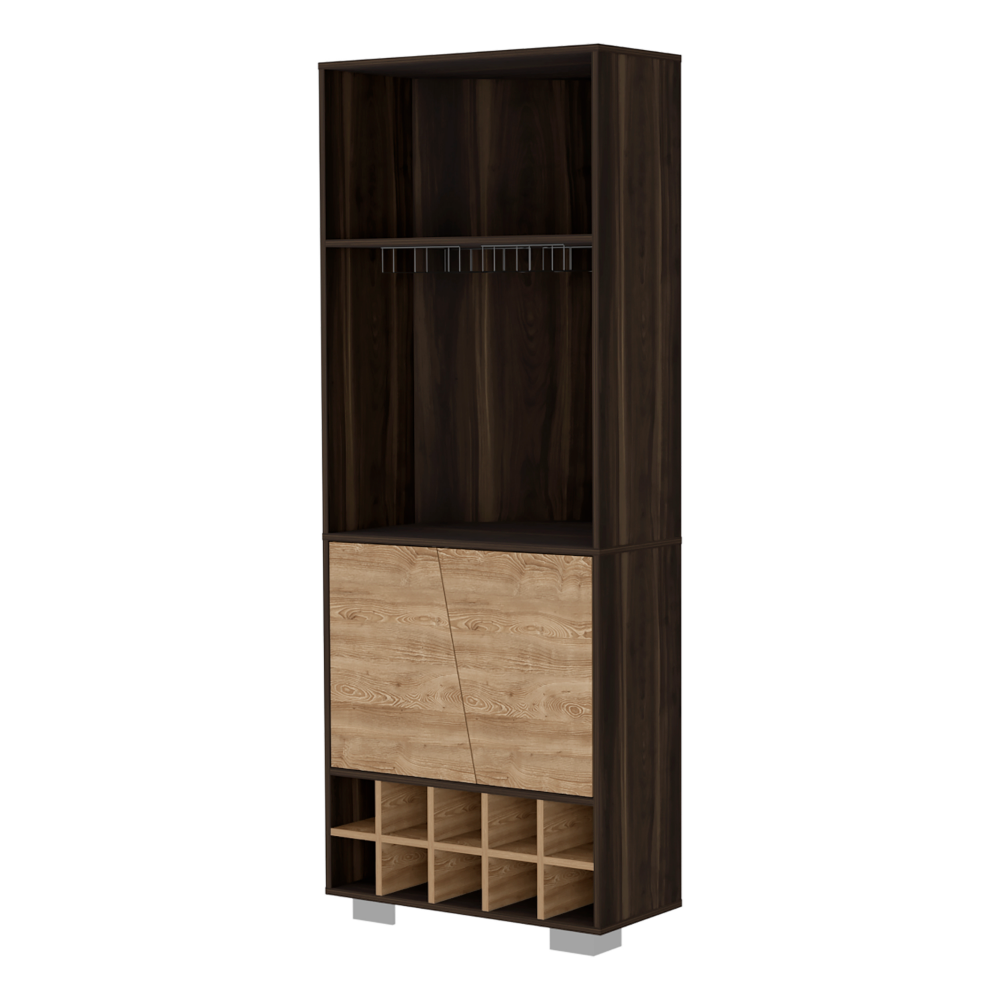 Corner Bar Cabinet Albarr, Ten Wine Cubbies, Two Shelves, Double Door - Dark Oak / Pine