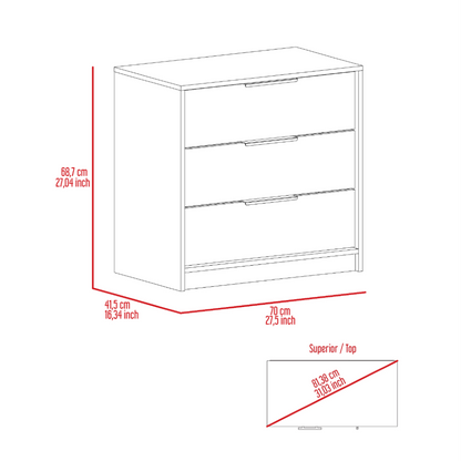 3 Drawers Dresser Maryland, Superior Top, White Finish