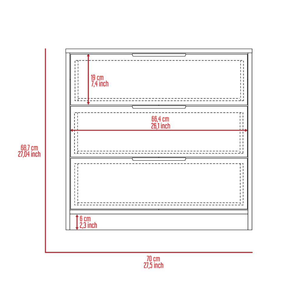 3 Drawers Dresser Maryland, Superior Top, White Finish