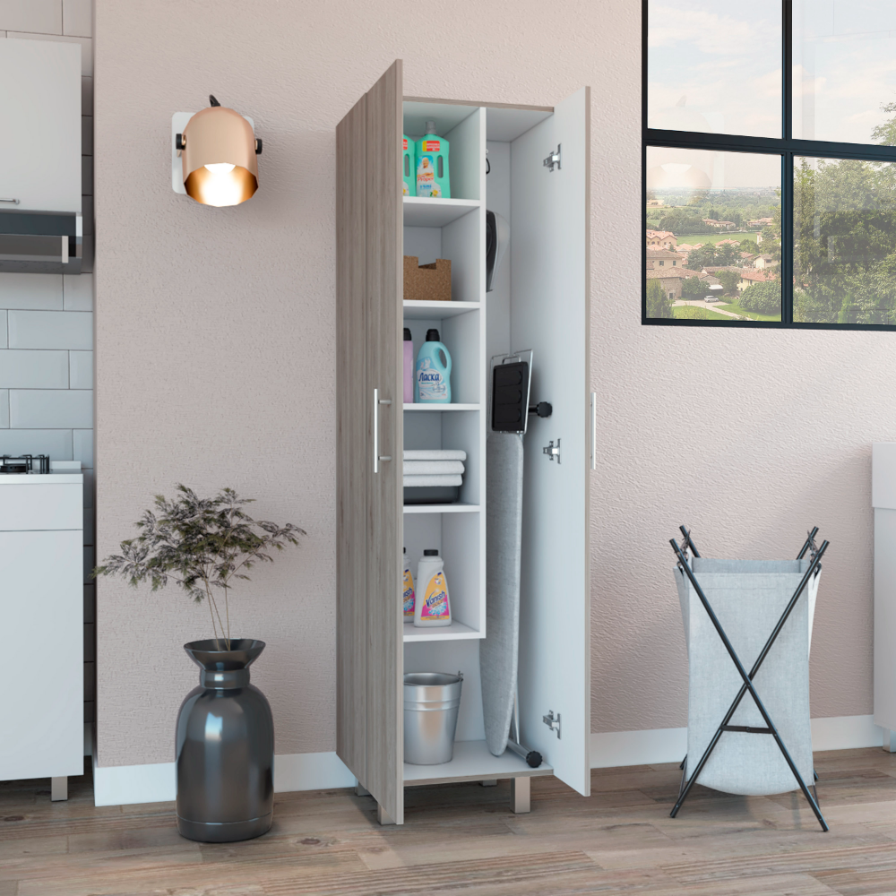 Closet Pantry Copenhague, Five Shelves, Double Door Cabinet, Light Gray / White Finish