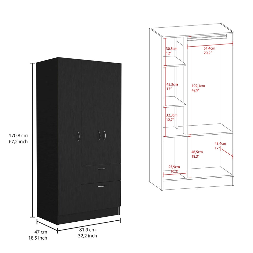 Armoire Cobra, Double Door Cabinets, One Drawer, Five Shelves, Black Wengue / White Finish