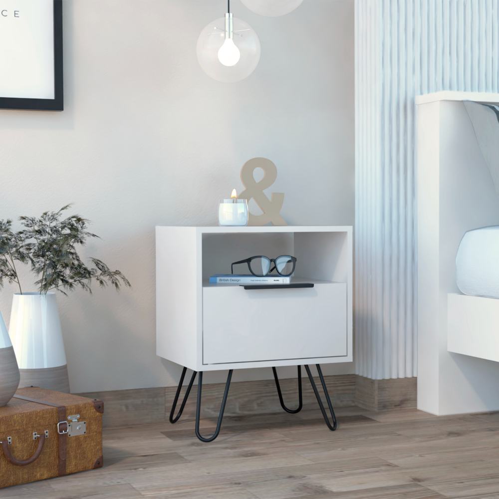 Nightstand Skyoner, Single Drawer, Hairpin Legs, White Finish