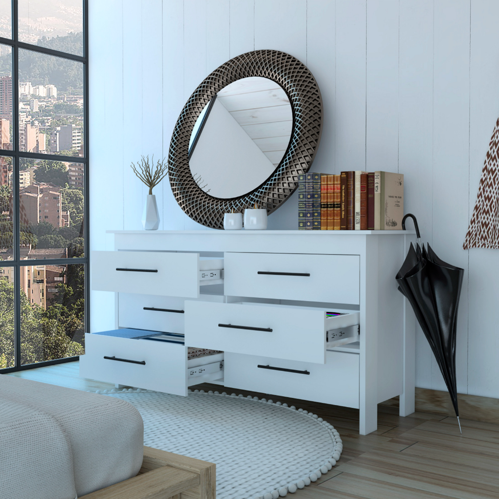 6 Drawer Double Dresser Wezz, Four Legs, Superior Top, White Finish