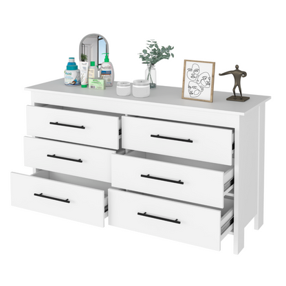 6 Drawer Double Dresser Wezz, Four Legs, Superior Top, White Finish