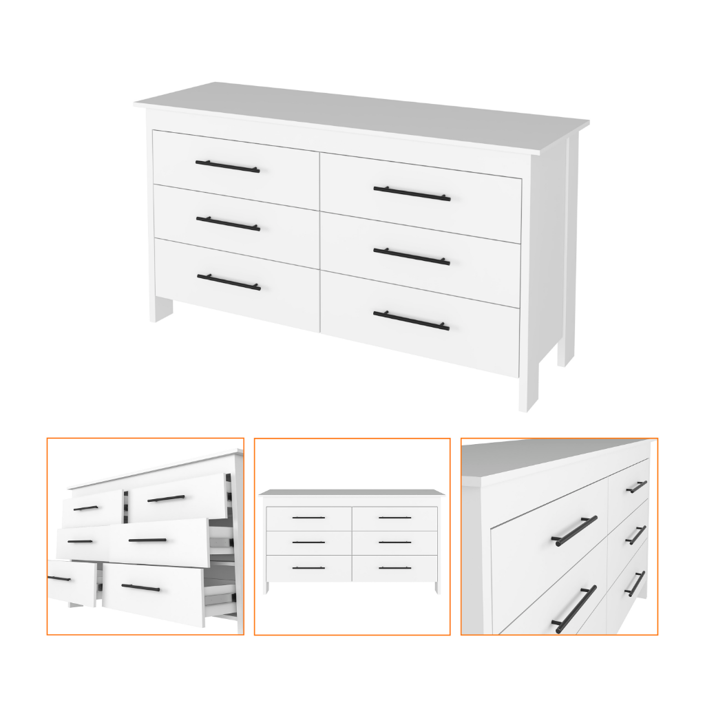 6 Drawer Double Dresser Wezz, Four Legs, Superior Top, White Finish