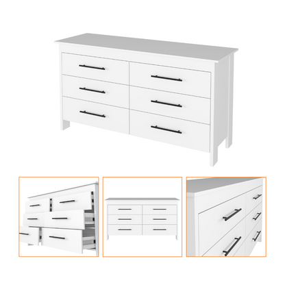 6 Drawer Double Dresser Wezz, Four Legs, Superior Top, White Finish