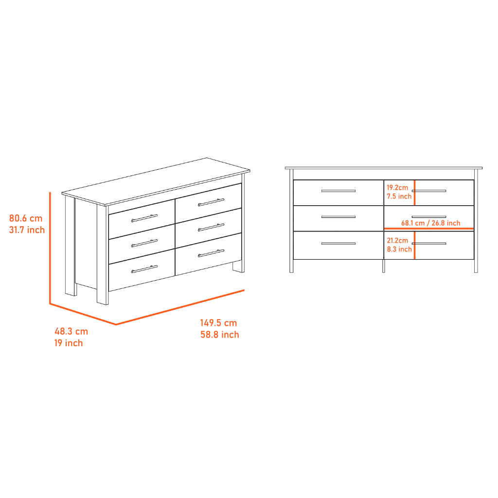 6 Drawer Double Dresser Wezz, Four Legs, Superior Top, White Finish