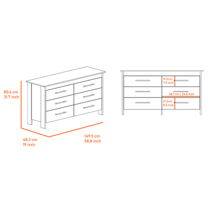 6 Drawer Double Dresser Wezz, Four Legs, Superior Top, White Finish