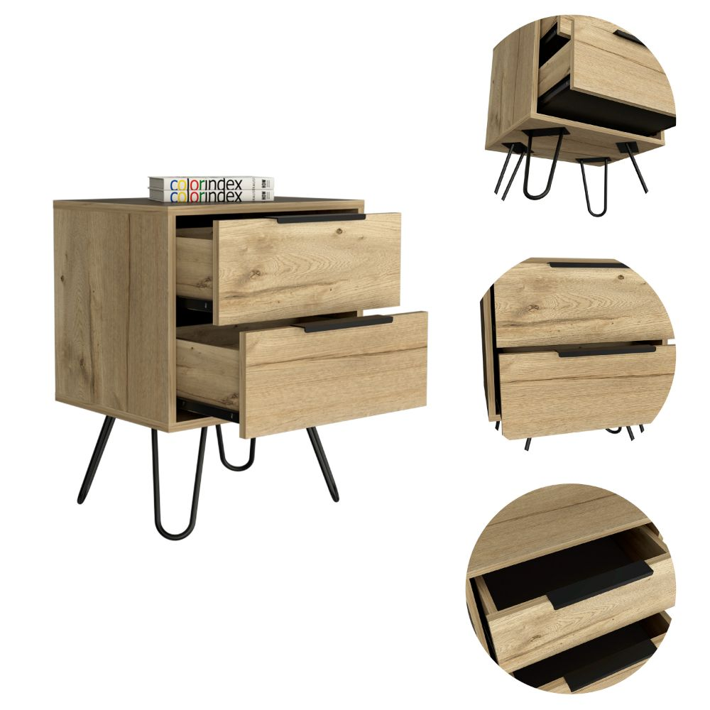 Nightstand Skyoner 2, Harpin Legs, Two Drawers, Light Oak Finish