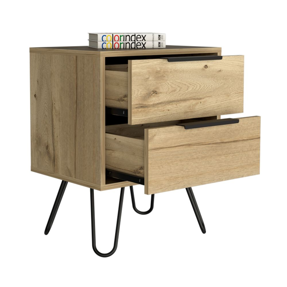 Nightstand Skyoner 2, Harpin Legs, Two Drawers, Light Oak Finish