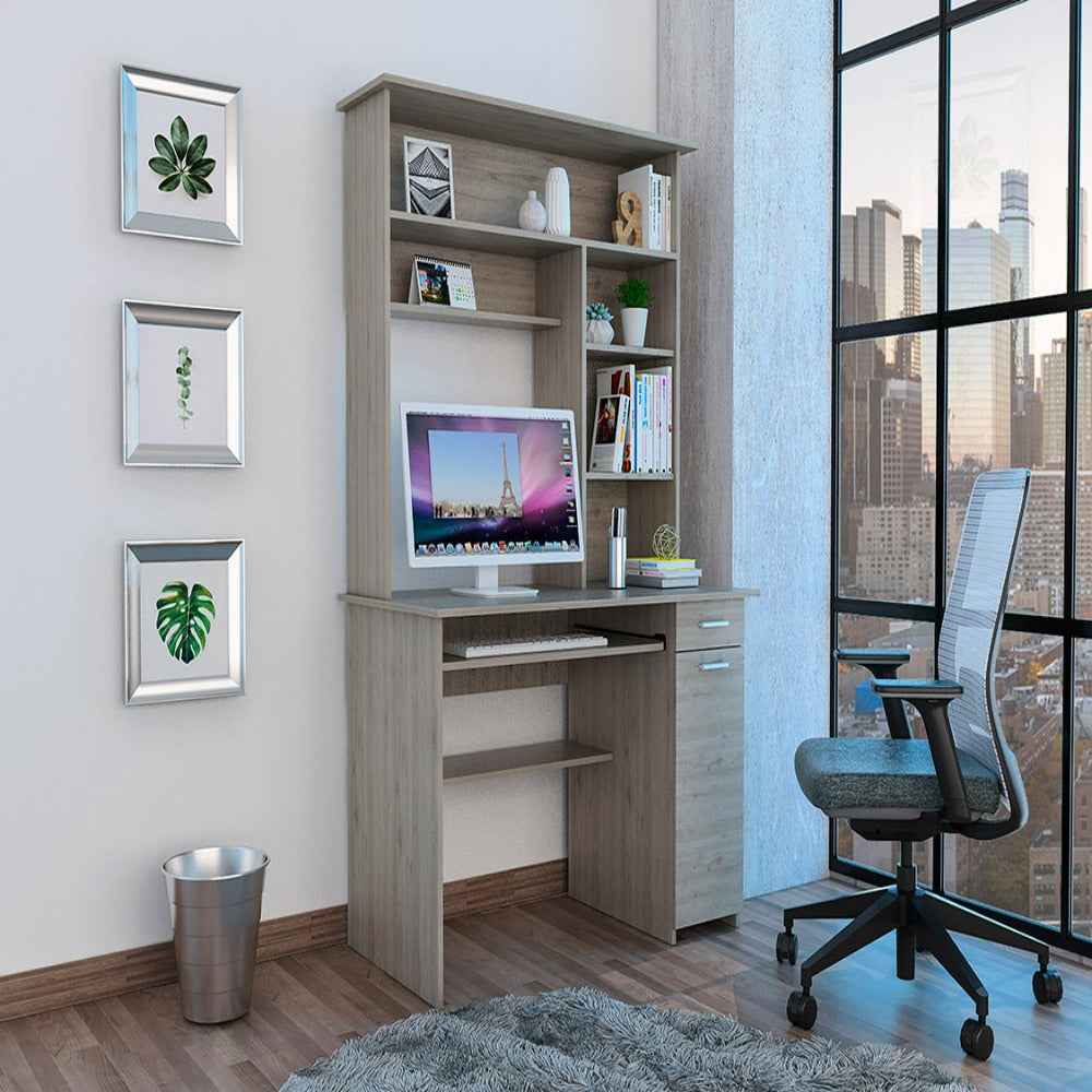 Computer Desk Acequia, Multiple Shelves, Light Gray Finish