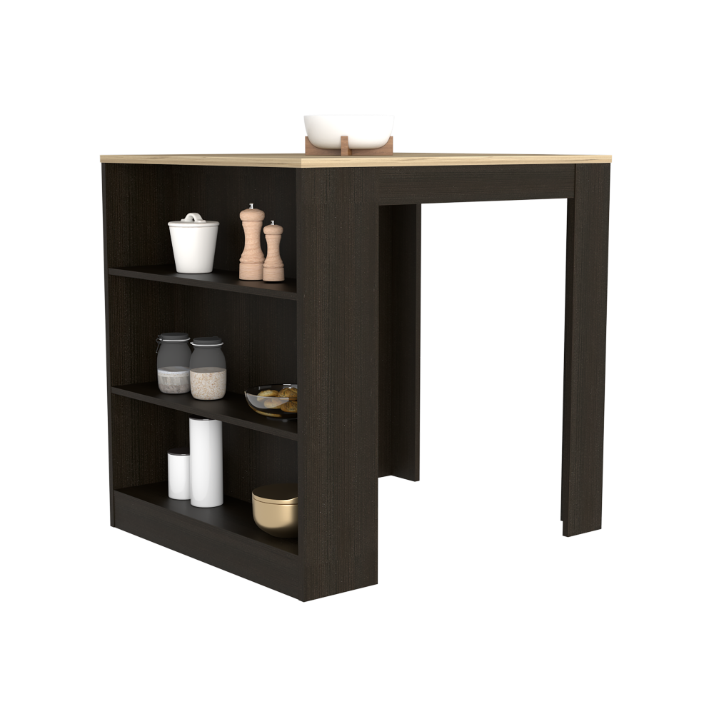 Kitchen Counter Dining Table Toledo, Three Side Shelves, Black Wengue / Pine Finish