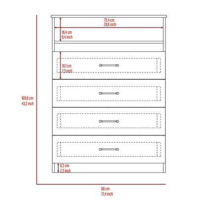 Dresser Atlanta, Four Drawers, White Finish