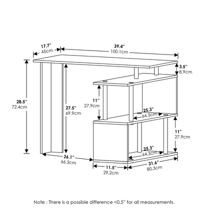 Furinno Moore L-Shape Computer Desk with 3-Tier Shelves, Americano/Black