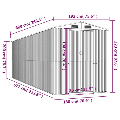 vidaXL Garden Shed Light Gray 75.6"x271.3"x87.8" Galvanized Steel