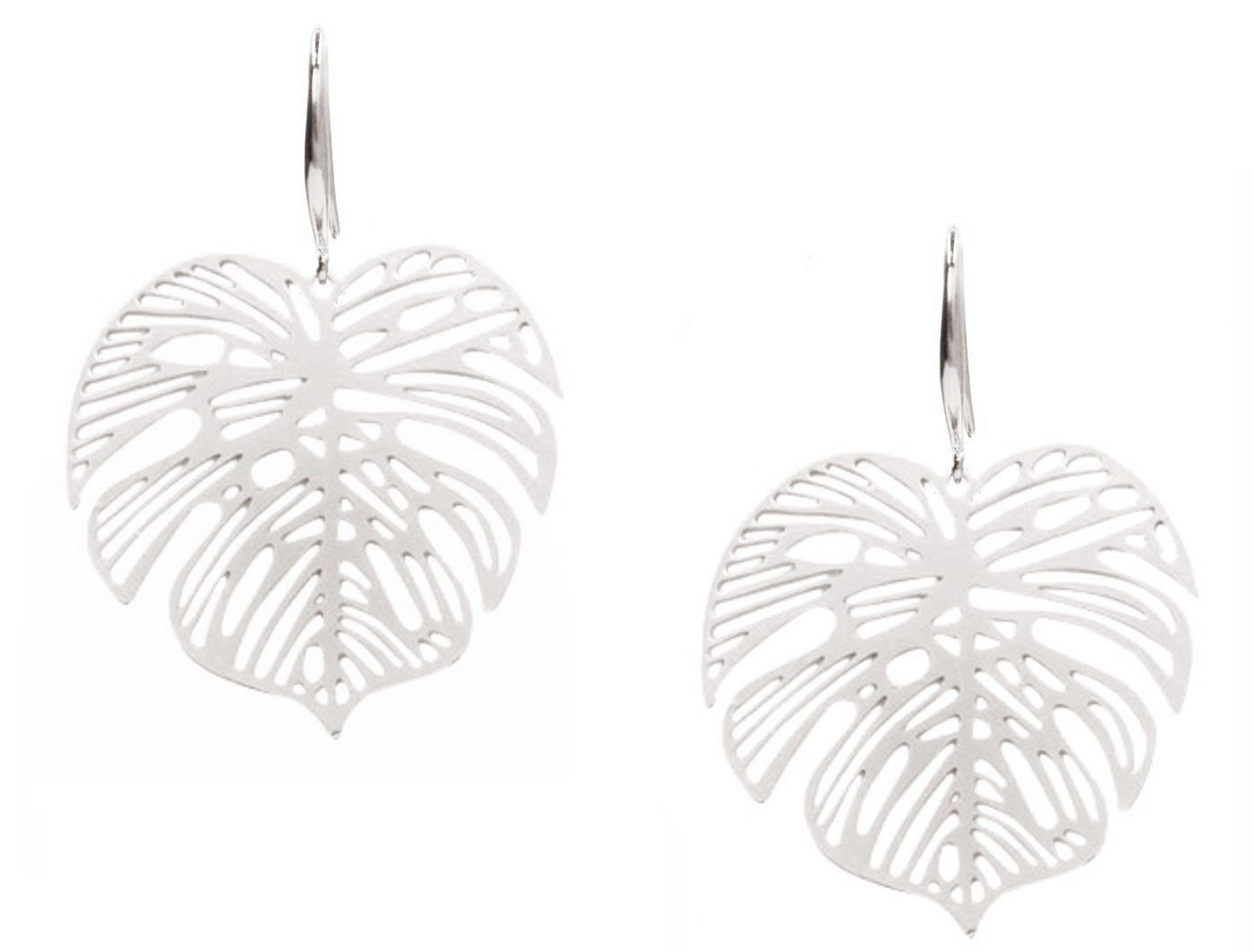 Gemshine earrings with monstera, tropical leaf pendant in high quality workmanship in silver, gold plated or rose. Quality jewelry Made in Spain, Color:Silver